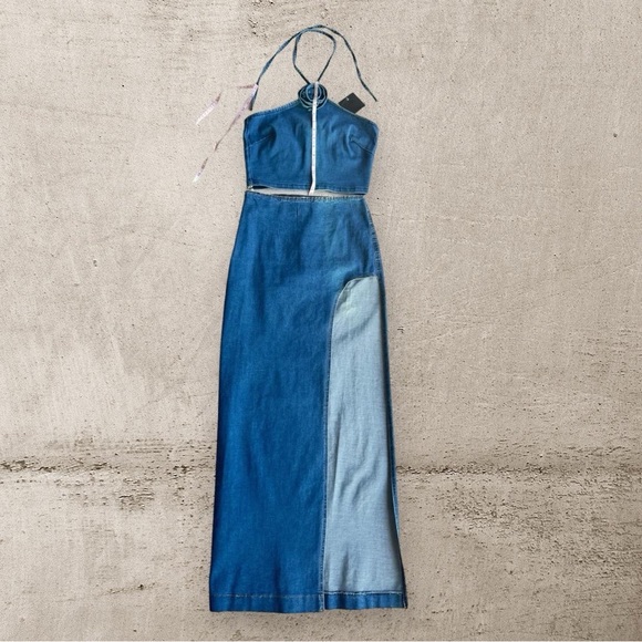 Denim Set High Waist Maxi Skirt Side Slit and cropped top Size M - Picture 4 of 13